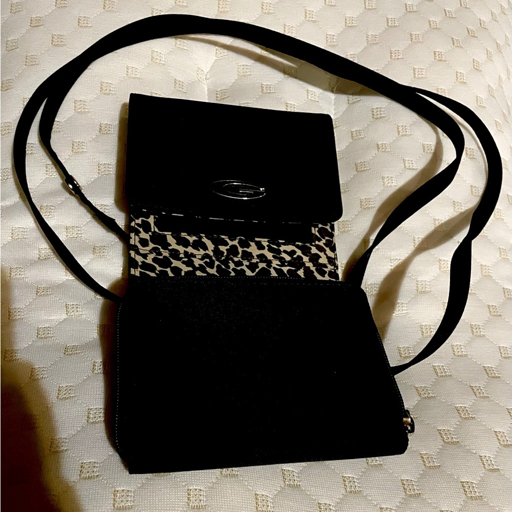 GUESS black mini purse-wallet, shoulder  length strap! leopard print inside